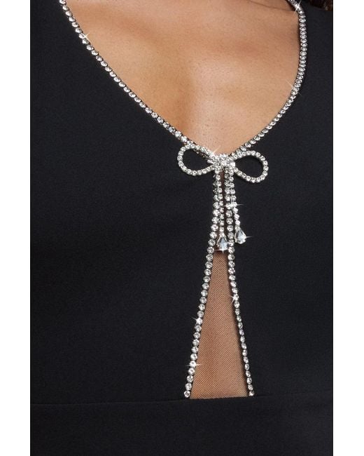Goddiva Blue Diamante Embellished Bow Scuba Crepe Maxi Dress