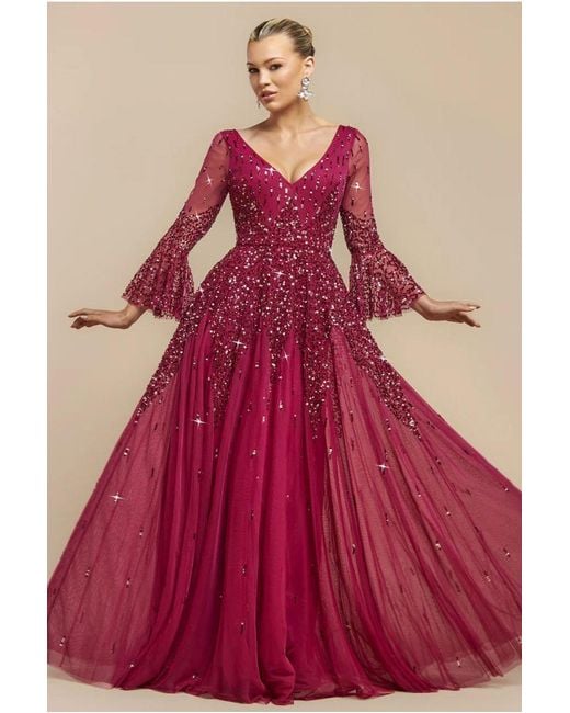 Goddiva Red Sunray Hand Embellished Sequin A-Line Bell Sleeve Maxi Dress