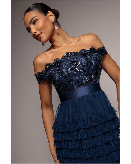 Goddiva Blue Scallop Bardot Ruffle Mesh Maxi