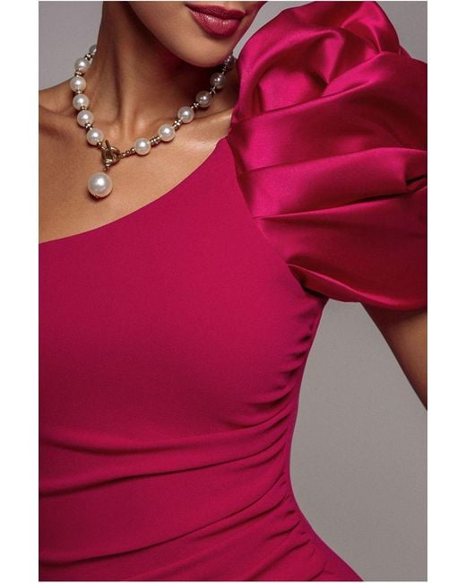 Goddiva Red One Shoulder Puffed Satin Sleeve Evening Maxi Dress