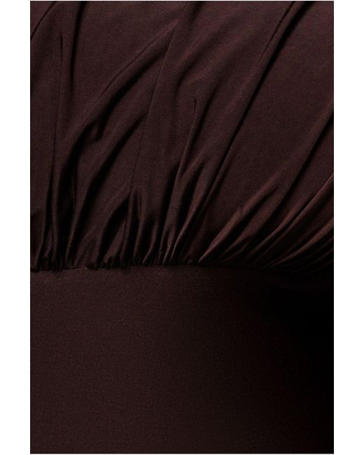Goddiva Brown Open Back Cowl Neck Gathered Maxi Dress With Velvet Tie Back