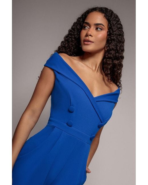 Goddiva Blue Bardot Wrap Sweetheart Neck Romper