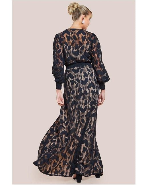 Goddiva Black Lace Front Split Long Sleeve Maxi Dress