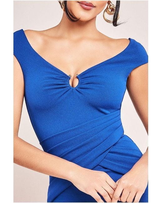 Goddiva Blue Bardot Pleated Maxi With Metal Trim Maxi Dress