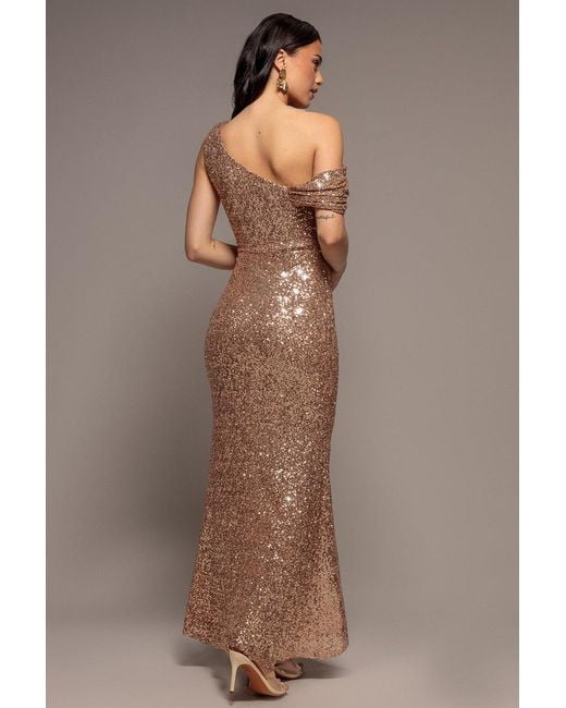 Goddiva Pink Sequin Cowl One Shoulder Maxi Dress