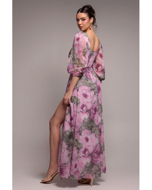Goddiva Pink Puff Sleeve A-Line Printed Chiffon Maxi Dress With Split