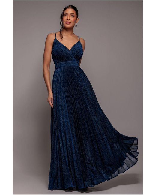 Goddiva Blue Sleeveless Pleated A Line Lurex Maxi Dress