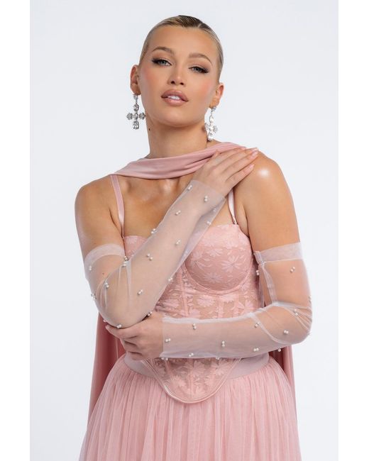 Goddiva Pink Embellished Fingerless Mesh Gloves