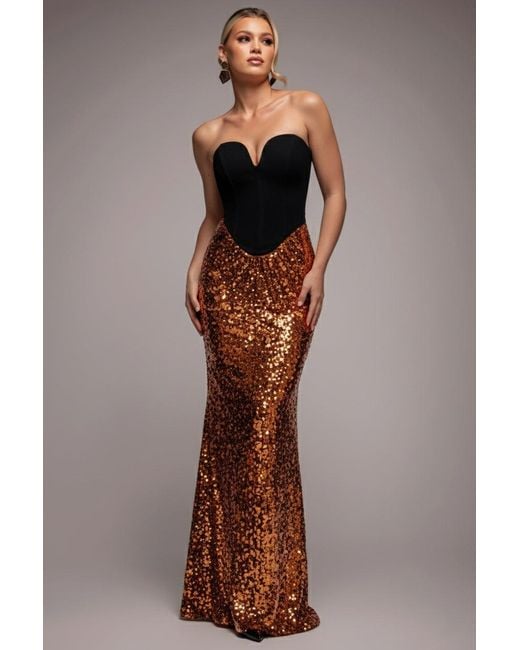 Goddiva Brown Scuba Crepe & Sequin Dipped Waist Strapless Maxi Dress