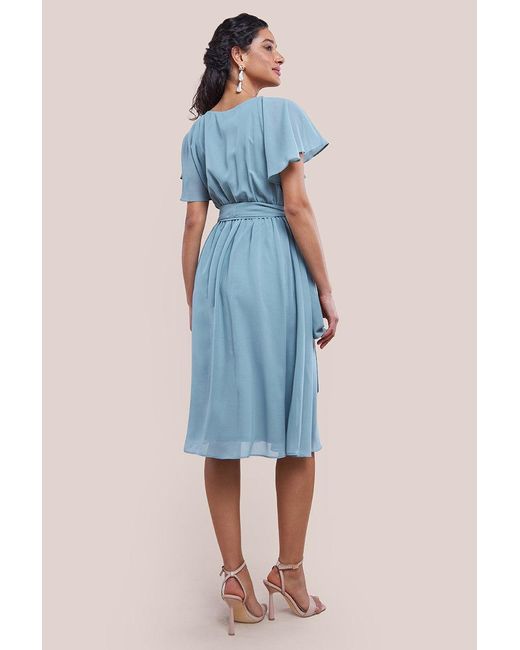 Goddiva Blue Sustainable Flutter Sleeve Chiffon Wrap Midi Dress