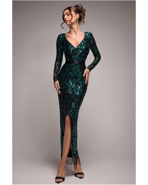 Goddiva Blue Sequin Tassel Maxi Dress With Thigh Slit