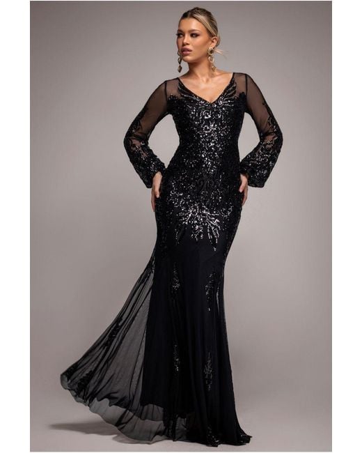 Goddiva Black Embellished Sequin Bishop Sleeve Maxi Dress