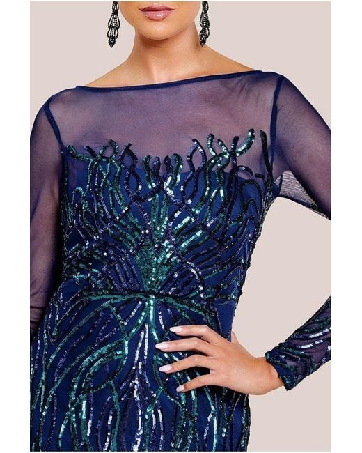 Goddiva Blue Long Sleeve Sequin Flame Midi Dress
