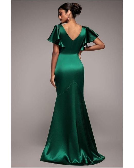 Goddiva Green Satin Flutter Sleeve Mermaid Maxi