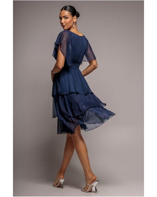 Goddiva Blue Chiffon Layered Flutter Sleeve Midi Dress