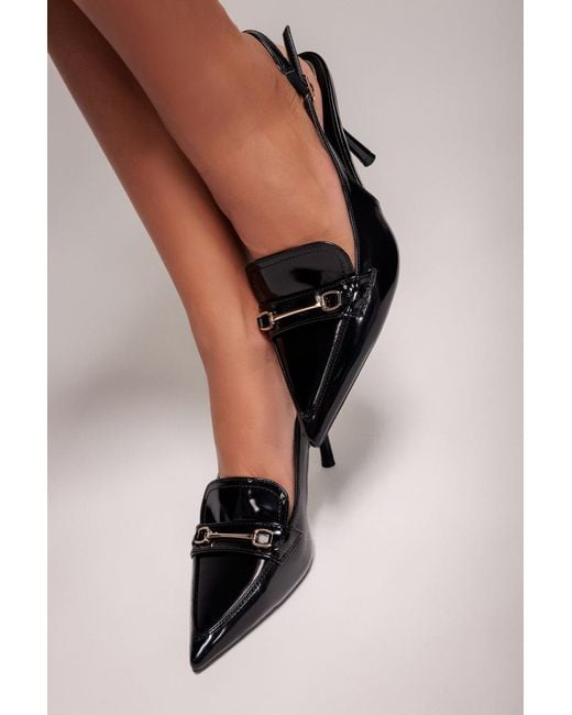 Goddiva Black Metal Accent Pointed Patent Slingback Shoes