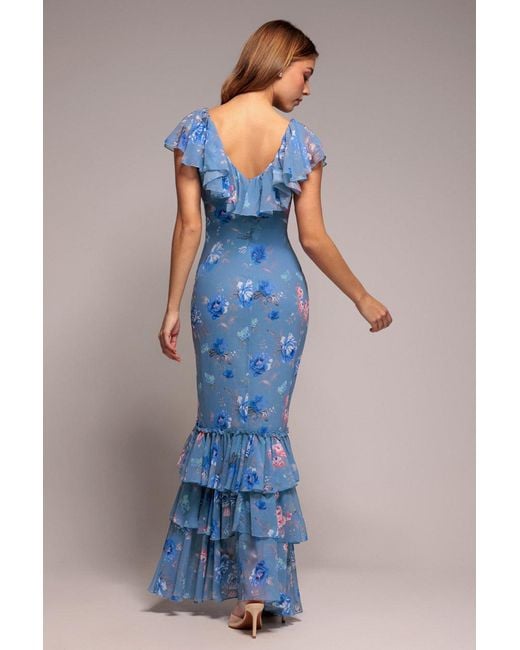 Goddiva Blue Floral Printed Chiffon Ruffle Maxi