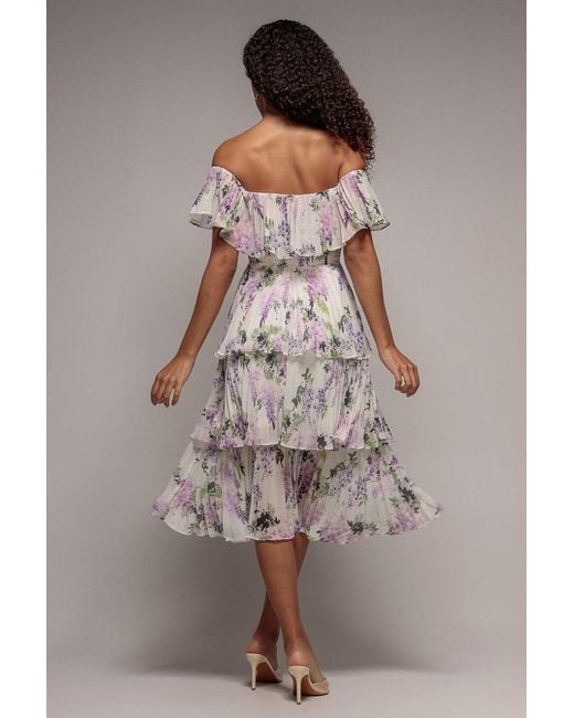 Goddiva Pink Shirred Chiffon Floral Bardot Midi