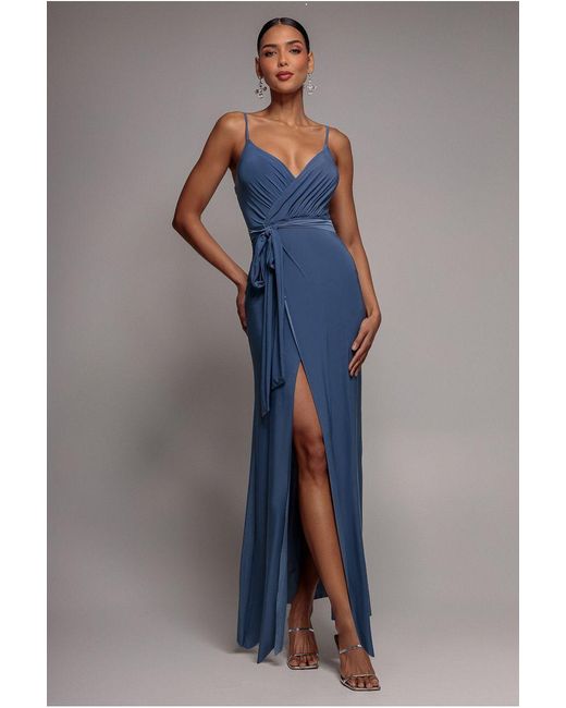 City Goddess Blue Wrap Front Maxi Slip Dress With Waist Tie-Up