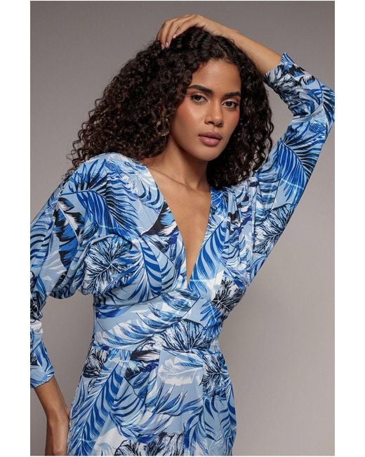 Goddiva Blue Tropical Print Midi With Batwing Sleeves