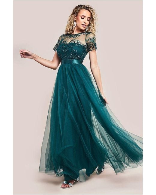 Goddiva Green Embroidered Mesh Maxi Dress