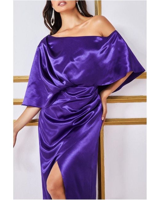Goddiva Purple Satin Drape Shoulder Wrap Maxi Dress