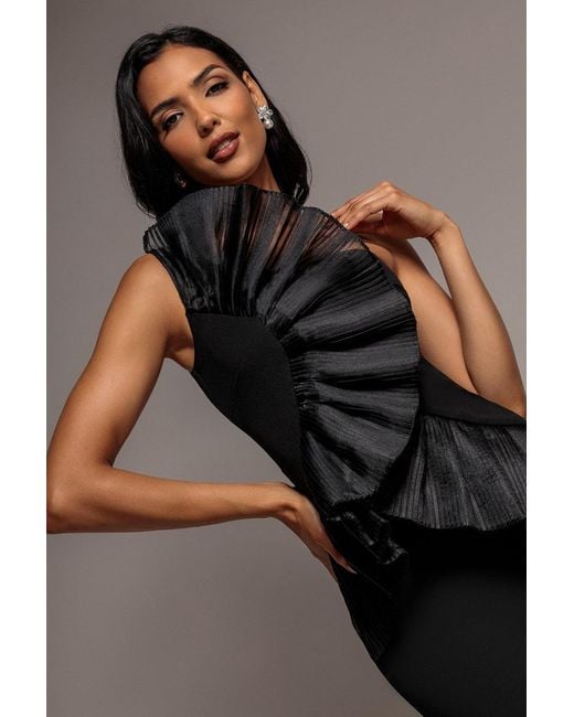 Goddiva Black One Shoulder Pleated Fan Midi