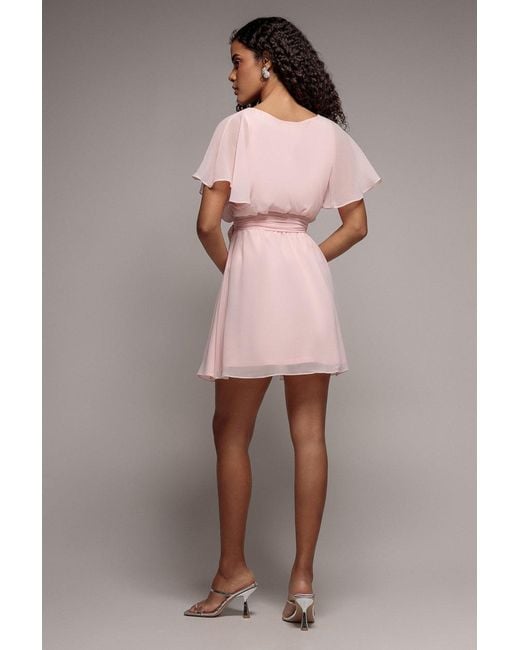 Goddiva Pink Flutter Sleeve Wrap Mini Dress With Elasticated Waist