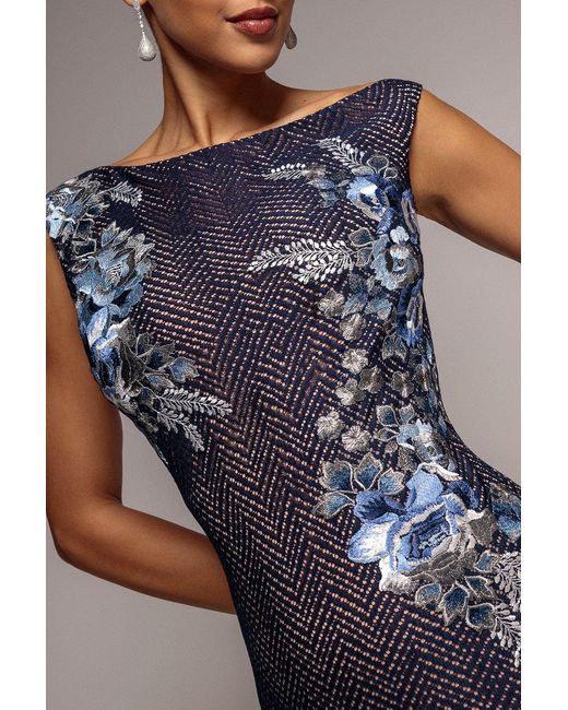 Goddiva Blue Floral Embroidery Asymmetric Lace Midi Dress