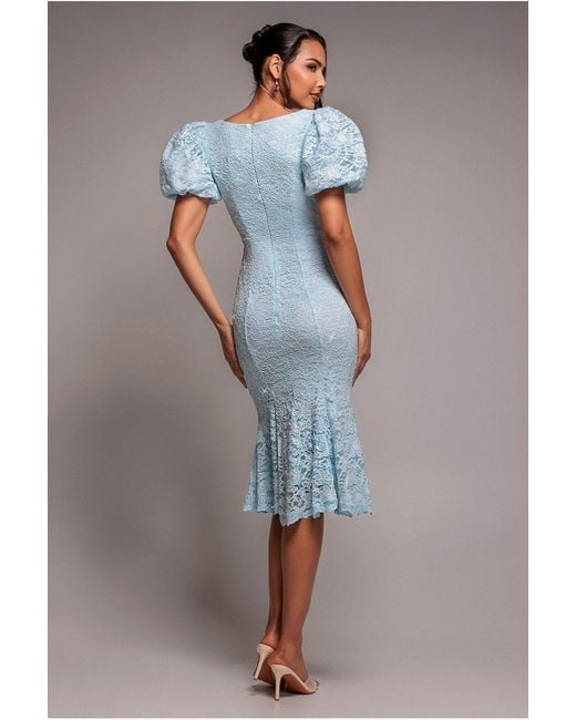 Goddiva Blue Scallop Lace Puff Sleeve Fit & Flare Midi Dress