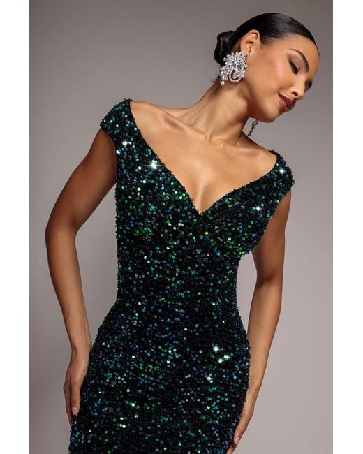 Goddiva Green Multi Sequin & Velvet Bardot Midi