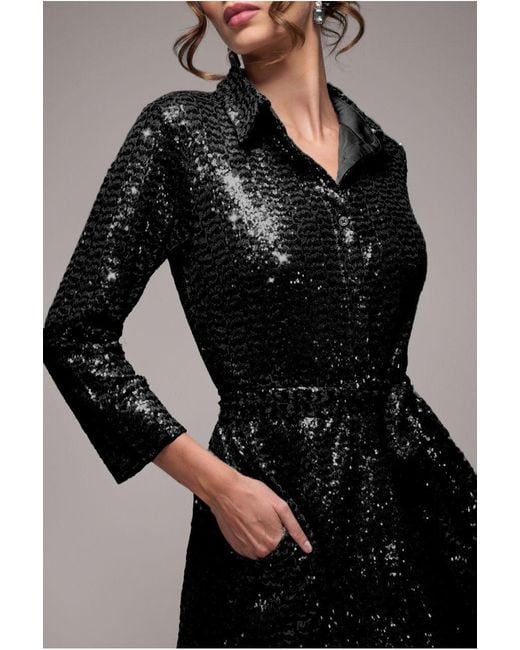Goddiva Black Sequin Skater Shirt Dress