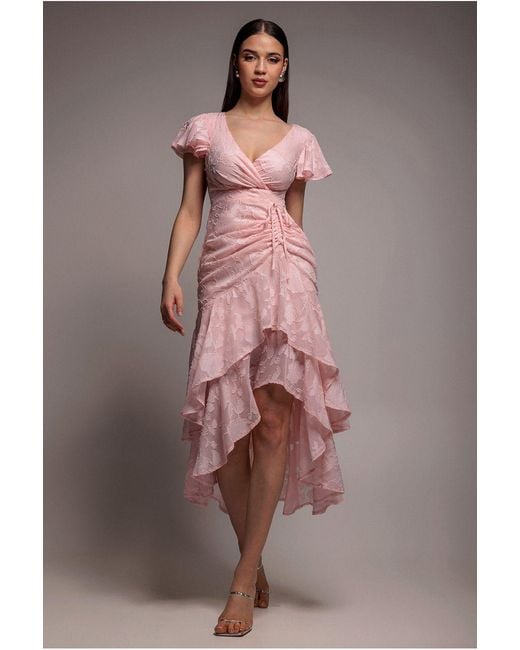 Goddiva Pink Jacquard Chiffon Wrap High Low Midaxi Dress