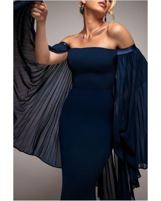 Goddiva Blue Strapless Maxi Dress With Pleated Chiffon Cape