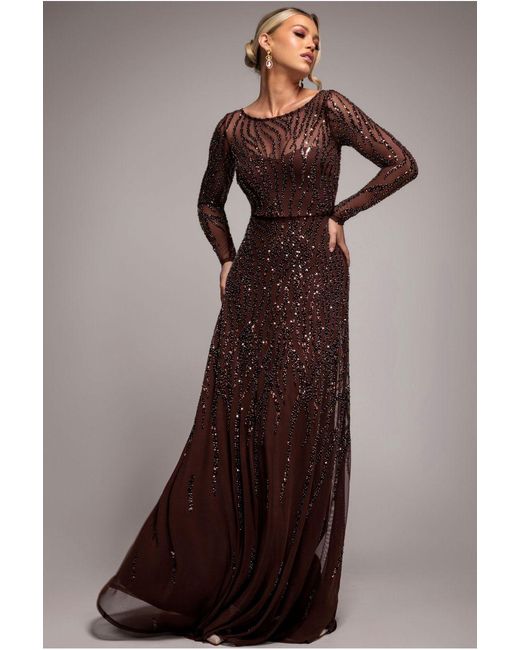 Goddiva Brown Ombre Sequin Beaded Flared Long Sleeve Maxi Dress