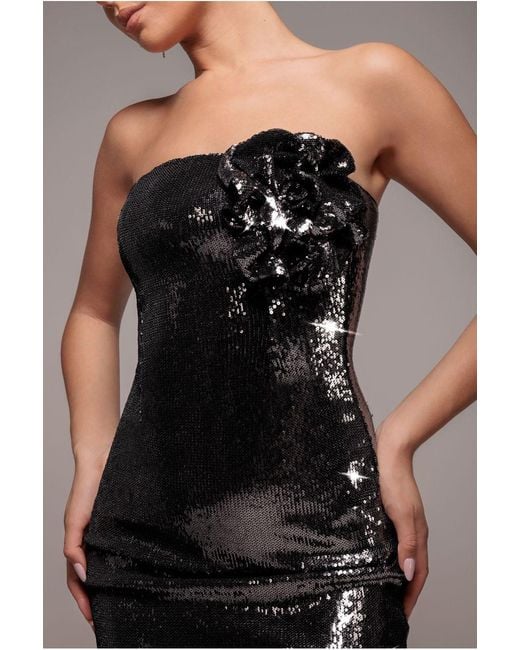Goddiva Black Liquid Sequin Boobtube Midaxi With Corsage