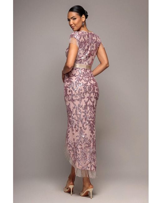 Goddiva Multicolor Embroidered Sequin Tassel Front Split Midaxi Dress