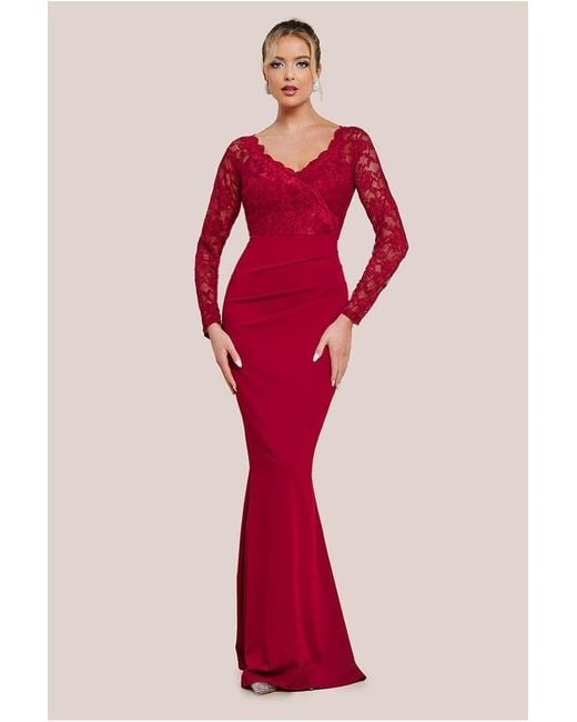 Goddiva Red Scalloped Lace & Scuba Maxi Dress