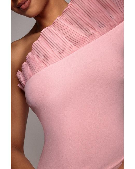 Goddiva Brown One Shoulder Organza Frill Pleated Mermaid Maxi Dress