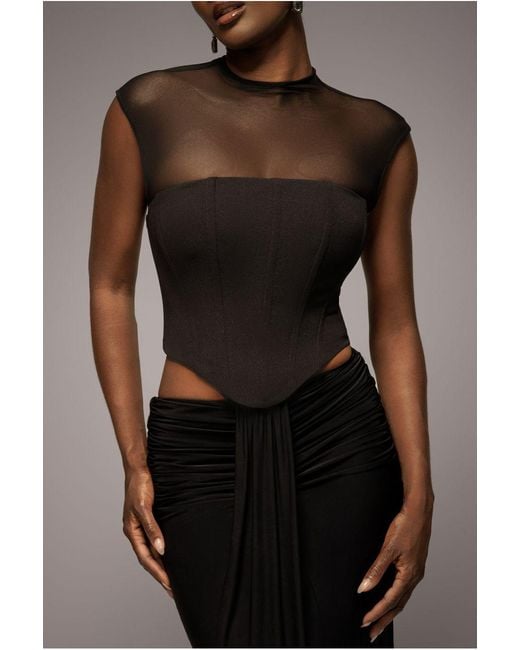 Goddiva Black High Neck Open Back Lace Up Scuba Corset Top