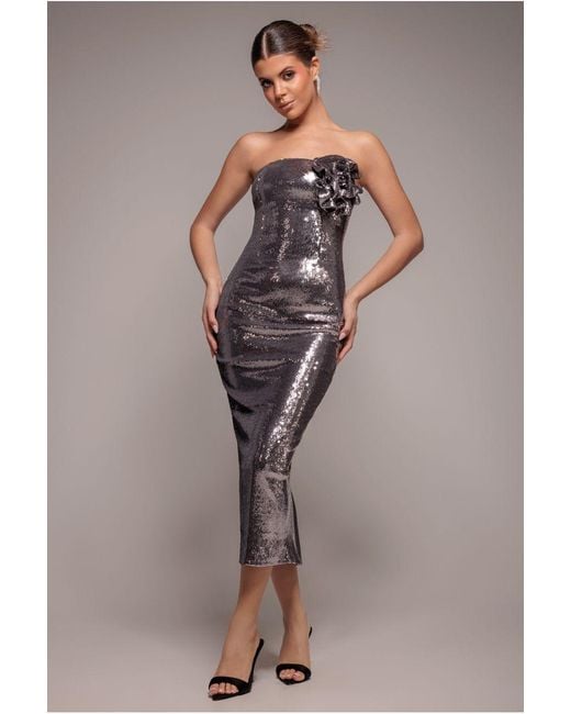 Goddiva Pink Liquid Sequin Boobtube Midaxi With Corsage