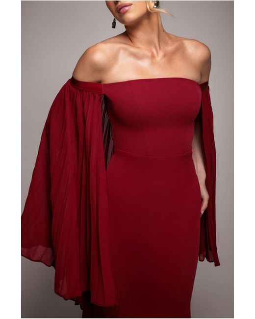 Goddiva Red Strapless Maxi Dress With Pleated Chiffon Cape