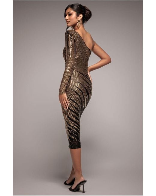 Goddiva Metallic One Sleeve Diagonal Sequin Midi