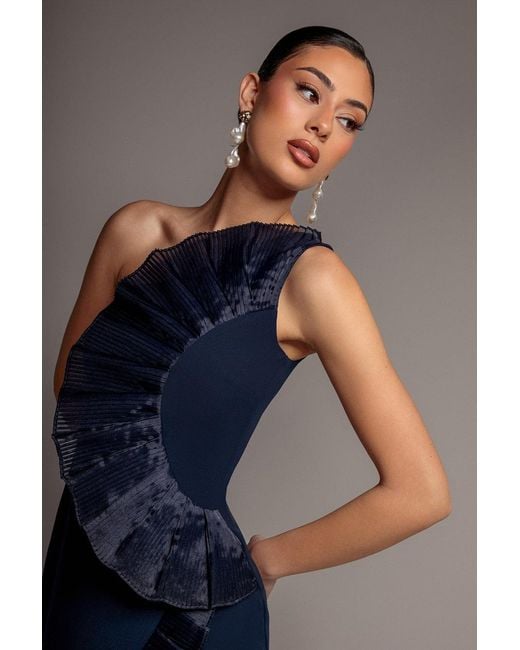 Goddiva Blue One Shoulder Pleated Fan Midi Dress