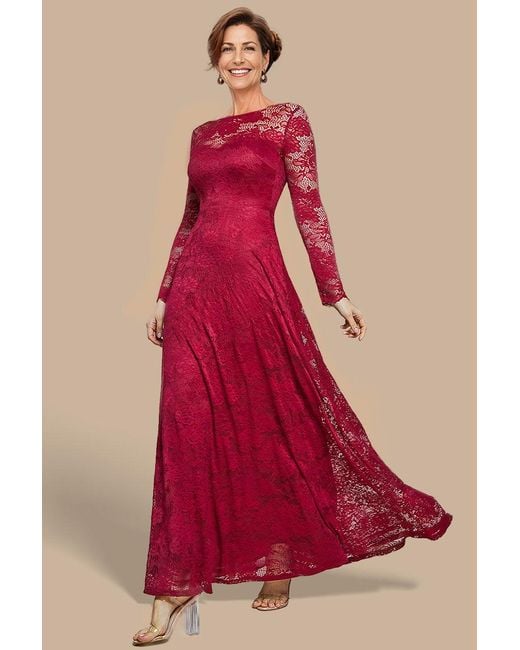 Goddiva Red Scalloped Lace A-Line Maxi Dress