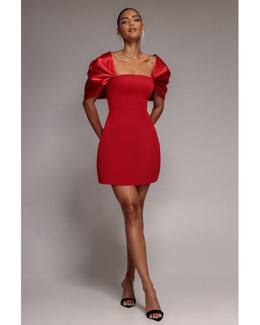 Goddiva Red Off Shoulder Back Satin Bow Scuba Mini Dress