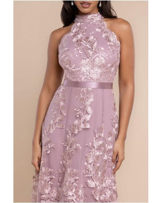 Goddiva Purple Halter Neck Lace High And Low Dress