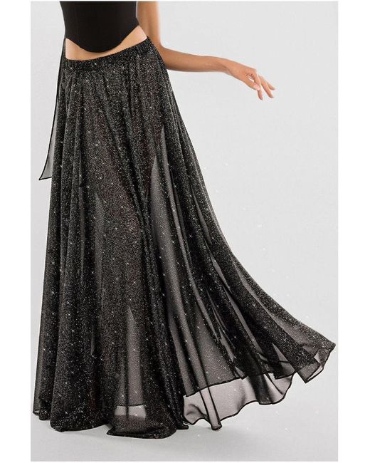 Goddiva Black Compact Crepe Lace Up Corset With Gathered A-Line Glitter Chiffon Maxi Skirt & Scarf