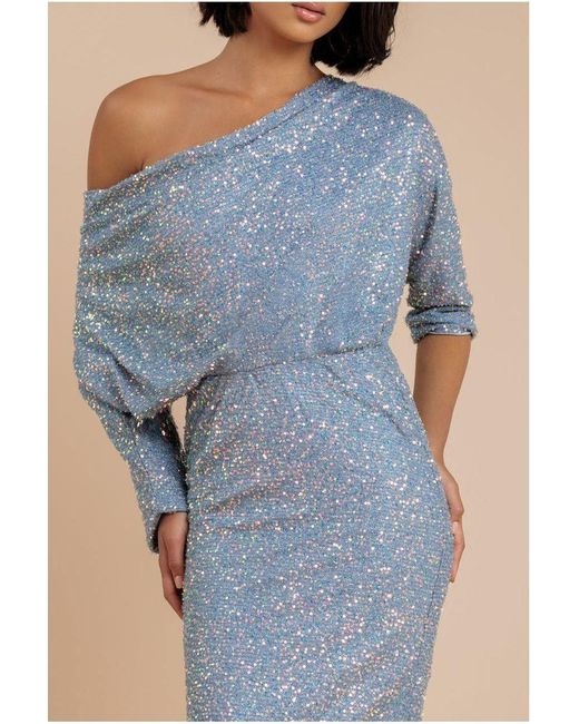 Goddiva Blue Sequin Cowl Neck Midi Dress