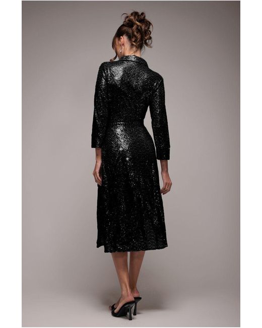 Goddiva Black Sequin Skater Shirt Dress